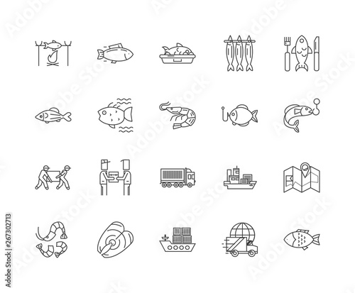 Fish and suppliers line icons, linear signs, vector set, outline concept illustration