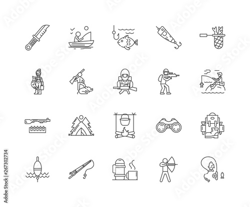 Fishing and hunting line icons, linear signs, vector set, outline concept illustration