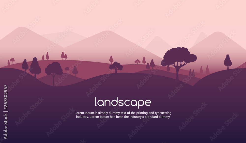 Landscape sunset flat background. Nature sky, mountain scene, summer cartoon sunset landscape travel design