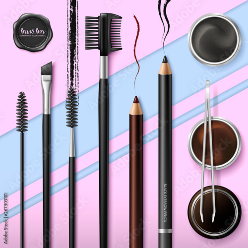 Lash and Brow Bar. Accessories. Make up. Tools for care of the brows. Eyebrows pencil. Angle brush, tweezers and comb. Banner for professional makeup artist. Black wax seal. Vector