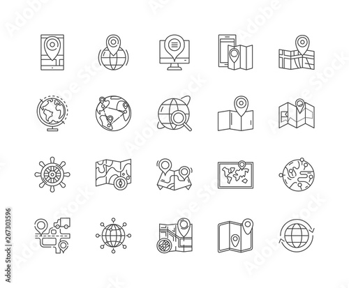 Geo tags line icons, linear signs, vector set, outline concept illustration