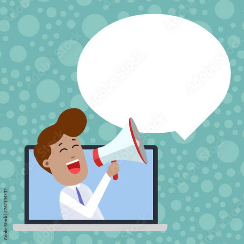 Man Speaking Through Laptop into Loudhailer Blank Speech Bubble Announce Design business Empty copy space text for Ad website promotion isolated Banner template photo