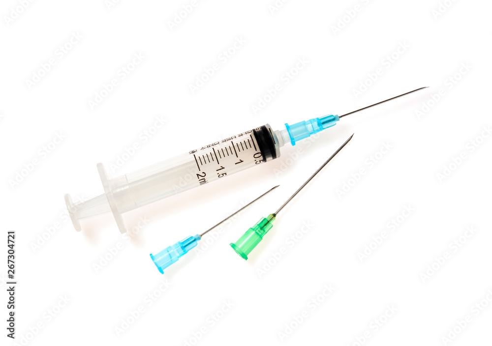 Syringeand two needles. 2 ml disposable syringe close up, isolated on white background without shadow Syringeand two needles. 2 ml disposable syringe close up, isolated on white background without shadow