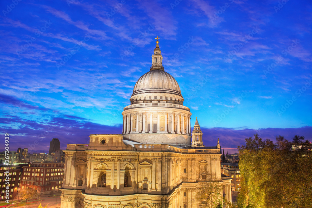 Elevated view of St Paul`s Cathedral at dusk, London, England.