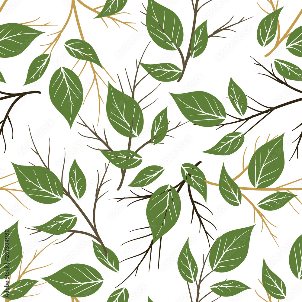 seamless hand draw branches with leaf pattern