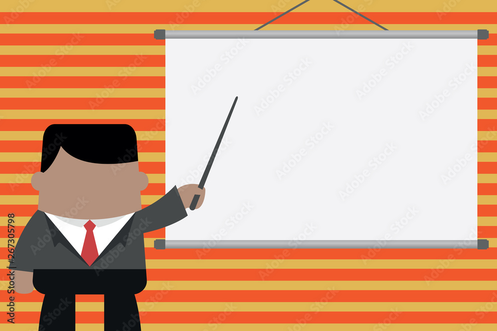 Businessman standing in front projector screen pointing project idea. Design business concept. Business ad for website and promotion banners. empty social media ad Businessman standing in front projector screen pointing project idea. Design business concept. Business ad for website and promotion banners. empty social media ad