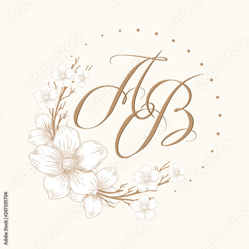Luxury wedding monogram frame for letter AB beautiful handwriting. Design element for invitation, wedding, greeting cards. Identity label for restaurant, boutique, heraldry, business. Hand drawn style