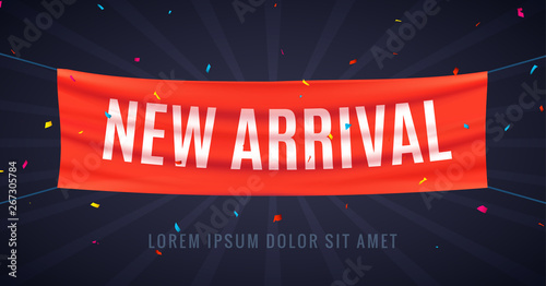 New arrival sale banner location promotion. Graphic template red flag with product sale
