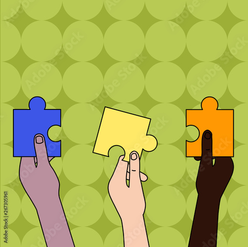 Three Colored Empty Jigsaw Puzzle Pieces Held in Different People Hands Design business Empty copy space text for Ad website promotion isolated Banner template