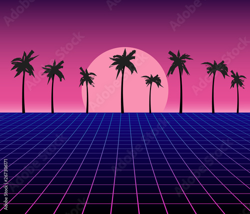 Synth wave retro grid background. Synthwave 80s vapor vector game poster neon futuristic laser space landscape