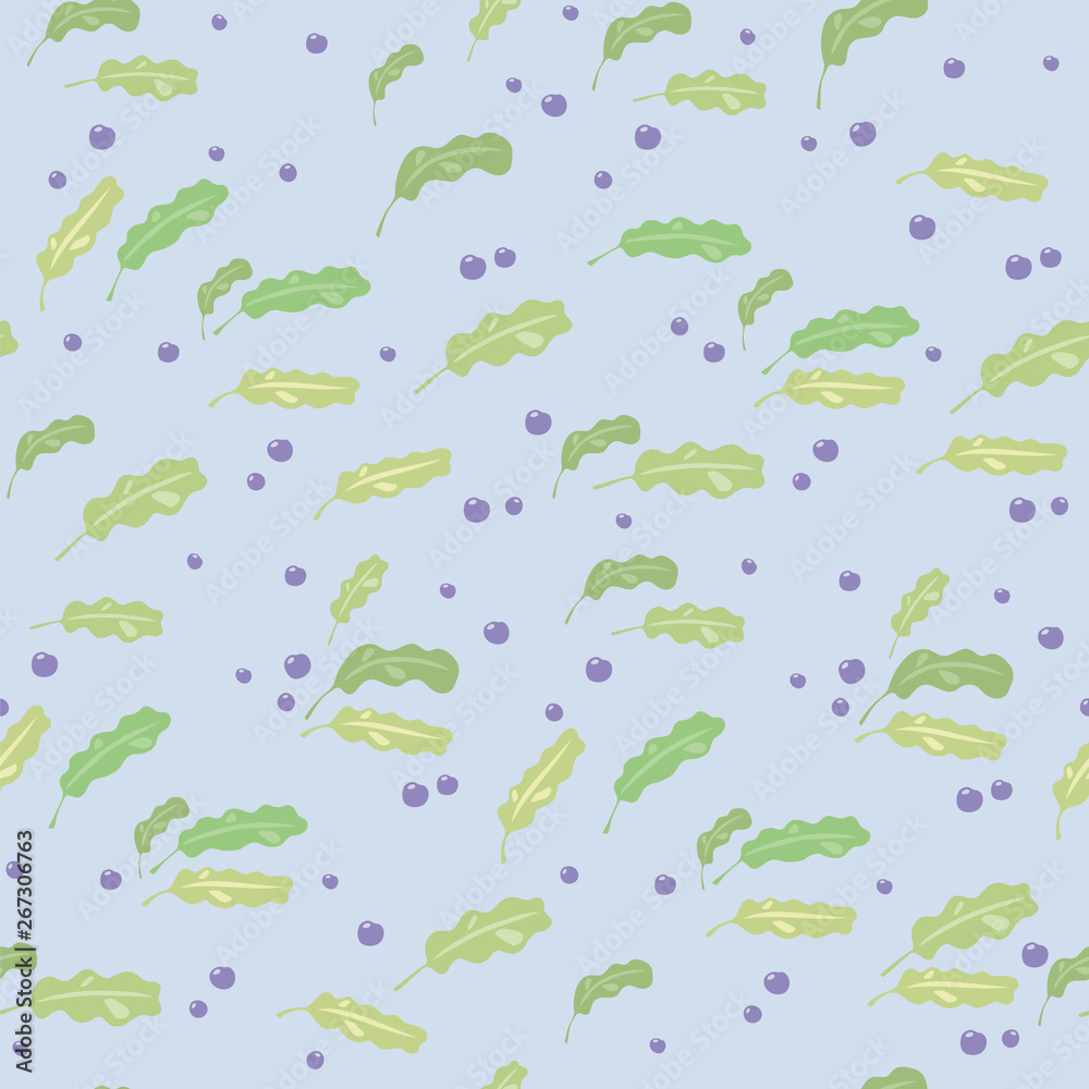 Light vector seamless pattern with horizontal oak green leaves with glitter and blue blueberry berries on a light blue background. Light vector seamless pattern with horizontal oak green leaves with glitter and blue blueberry berries on a light blue background.