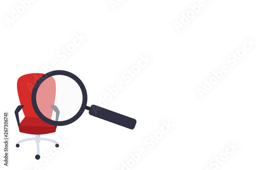 Magnifying Glass Directed at Red Swivel Chair with Arm Rests Facing Front Design business concept Empty copy text for Web banners promotional material mock up template.