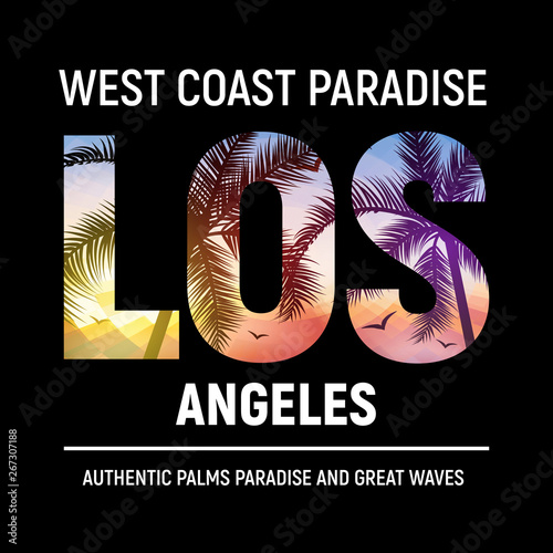 California Los Angeles beach graphic design t shirt print typography. Tree surf LA city illustration summer