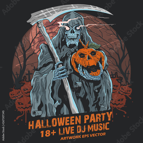 Grim Reaper Halloween party pumpkin vector