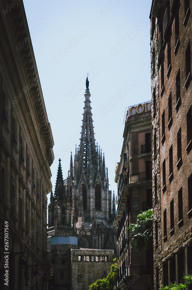 Cathedral in the center of Barcelona seen between two buildings - Barcelona, Spain