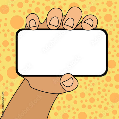 Closeup of Smartphone Device Held in Hand with Blank Screen and Text Space Design business concept Empty copy text for Web banners promotional material mock up template.