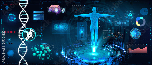 Healthcare futuristic scanning in HUD style design, Human body, organs and brain scan with pictures. Hi-tech elements. Virtual graphic touch HUD UI with illustration of DNA formula and data chart 