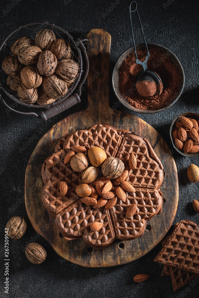 Homemade waffles with dark chocolate and almonds Homemade waffles with dark chocolate and almonds