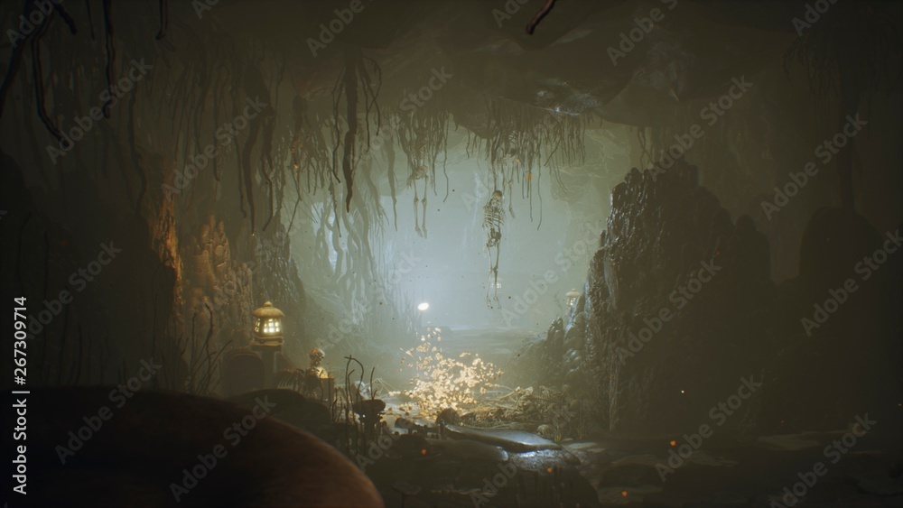 Obraz premium Starożytna ogromna fantastyczna jaskinia pełna starożytnych grzybów i magicznej mgły z kurzem. Renderowanie 3D