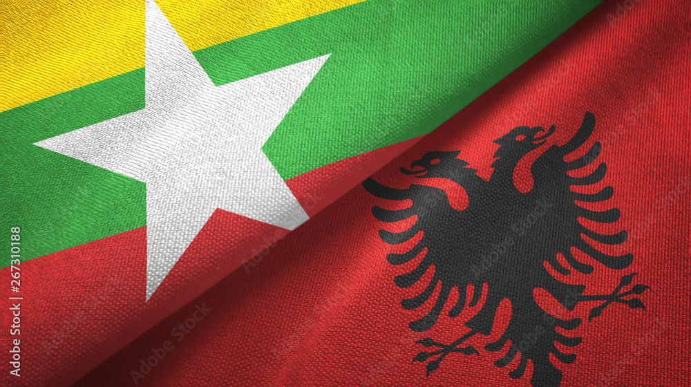 Myanmar and Albania two flags textile cloth, fabric texture Myanmar and Albania two flags textile cloth, fabric texture