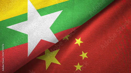 Photography Myanmar and China two flags textile cloth, fabric texture