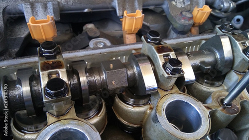 Closeup of opened gasoline engine bay.