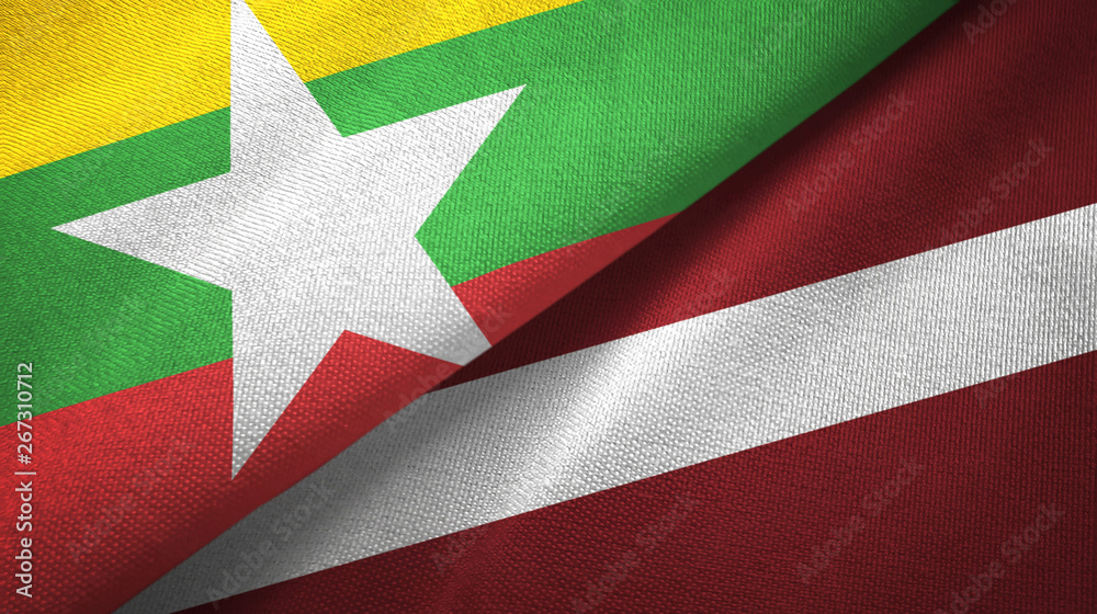 Myanmar and Latvia two flags textile cloth, fabric texture Myanmar and Latvia two flags textile cloth, fabric texture