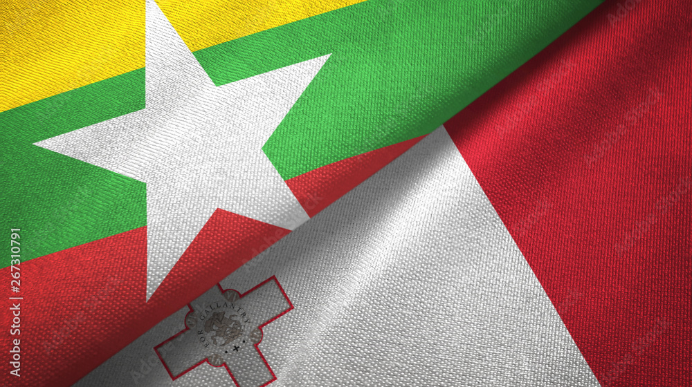 Myanmar and Malta two flags textile cloth, fabric texture Myanmar and Malta two flags textile cloth, fabric texture