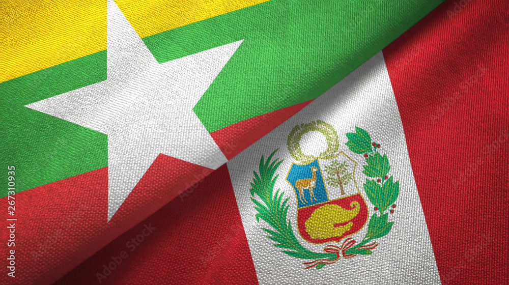 Myanmar and Peru two flags textile cloth, fabric texture