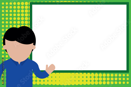 Young man standing in front whiteboard pointing to project. photo Art. Design business concept Empty template copy space text for Ad website isolated