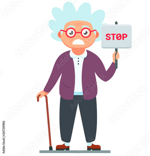 disgruntled old woman with a stop sign.
