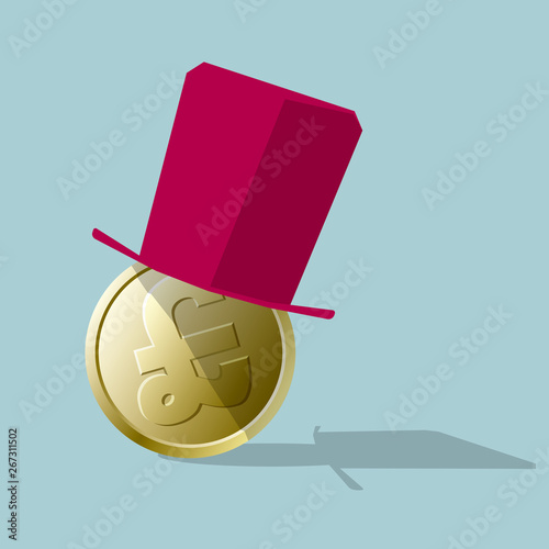 Pound coin wearing a hat. Isolated on blue background.