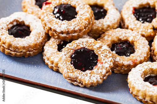 Shortbread Cookies With Jam Or Jelly Centers Isolated on White Background. Selective focus.