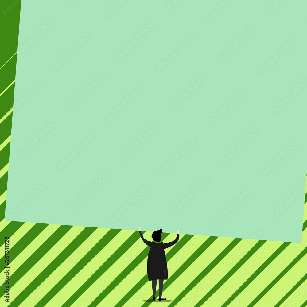 Man stands in back view under huge empty blank big tilted rectangle board Design business concept Empty template copy space text for Ad website isolated