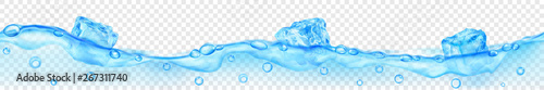 Horizontal banner with seamless wave. Translucent light blue ice cubes and many air bubbles floating in water on transparent background. Transparency only in vector format