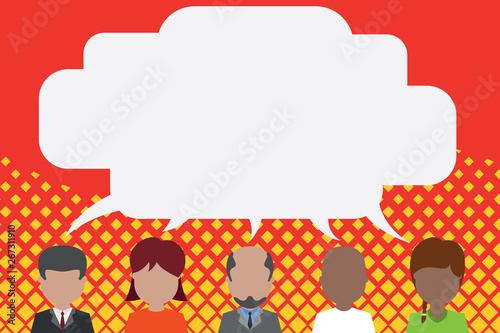 Five different races persons sharing blank speech bubble. People talking Copy Space design Empty template text for Ad, promotion, poster, flyer, web banner, article