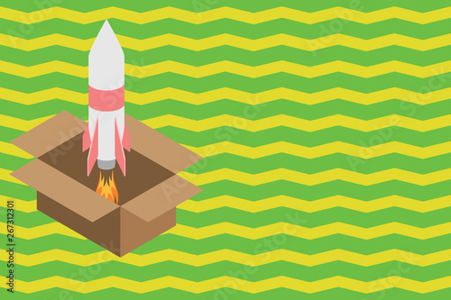 Fire launching rocket carton box. Starting up project. Fuel inspiration Design business concept Empty template copy space text for Ad website isolated