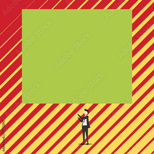 Short hair cut man stand in front audience with rectangle big blank board Business concept Empty template copy space isolated Posters coupons promotional material