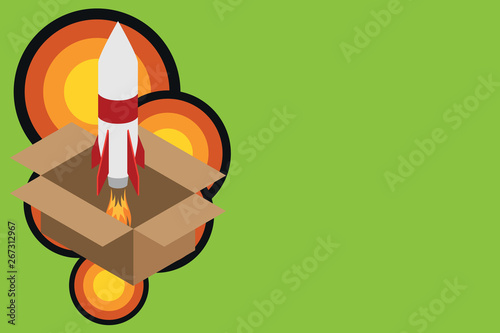 Fire launching rocket carton box. Starting up project. Fuel inspiration Design business concept Empty copy text for Web banners promotional material mock up template