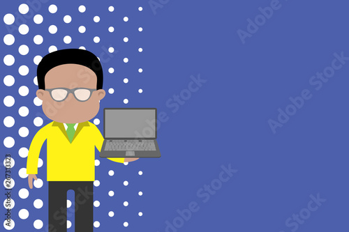 Standing man in suit wearing eyeglasses holding open laptop photo Art Design business concept Empty copy text for Web banners promotional material mock up template