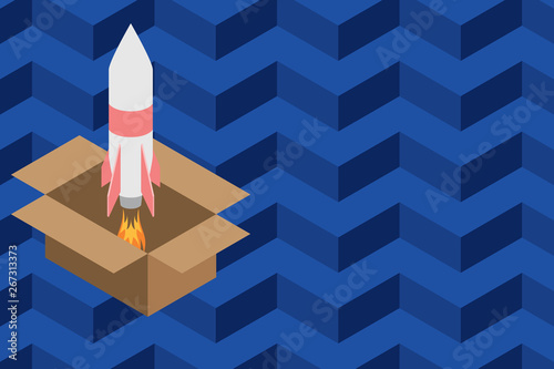 Fire launching rocket carton box. Starting up project. Fuel inspiration Design business concept Empty copy text for Web banners promotional material mock up template