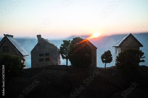 decorative small wooden house on the sunset background.