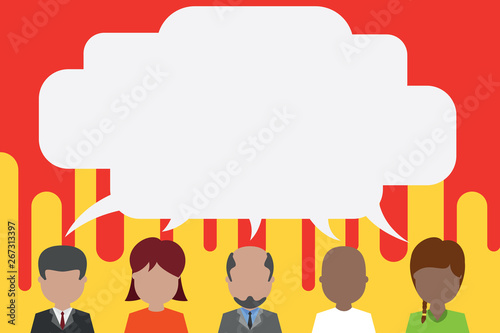 Five different races persons sharing blank speech bubble. People talking Design business Empty copy space text for Ad website promotion isolated Banner template