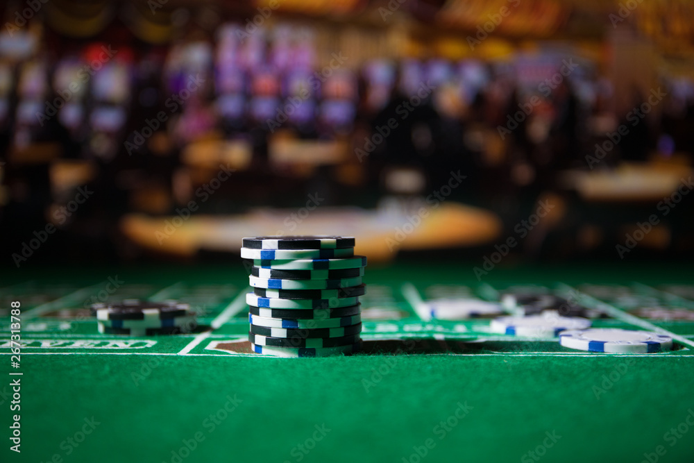 Fototapeta premium Casino element isolation on the colorful, Slot machine, Roulette while, Dice, Casino chip - image
