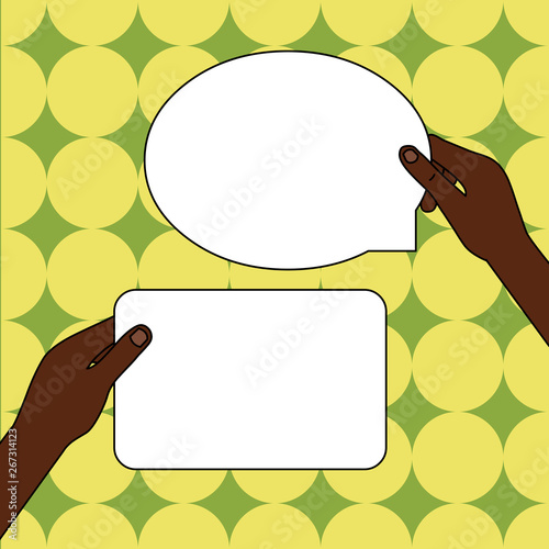 Two Blank Figured Tablets Signs Held in Hands One Above Other Text Space Design business concept Empty copy space modern abstract background
