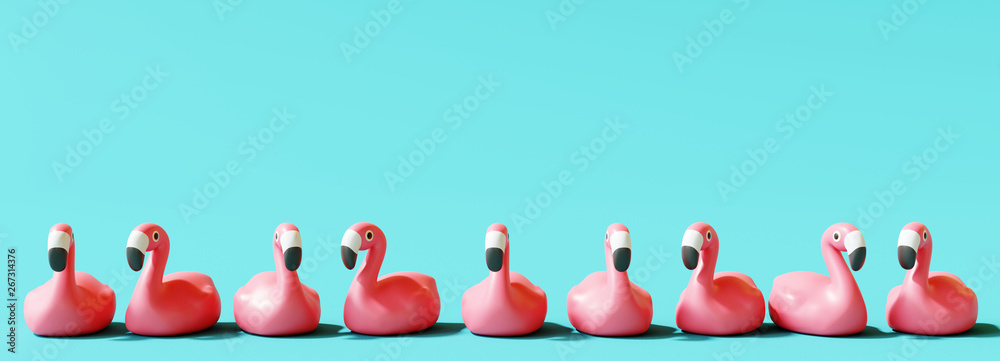 Flamingo rubber on pastel blue background. Summer concept. 3d rendering - obrazy, fototapety, plakaty 