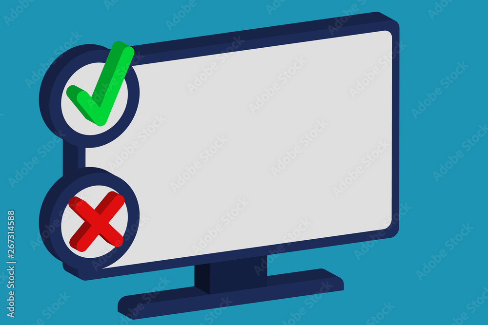 Blank PC Monitor Screen Green Tick and Red Criss Cross in Check Circles Design business concept Empty template copy space text for Ad website isolated Blank PC Monitor Screen Green Tick and Red Criss Cross in Check Circles Design business concept Empty template copy space text for Ad website isolated