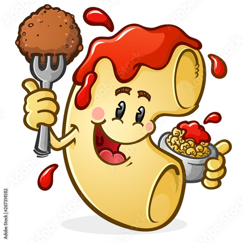 A happy smiling macaroni noodle covered in marinara sauce holding a bowl of pasta with a juicy meatball on a fork