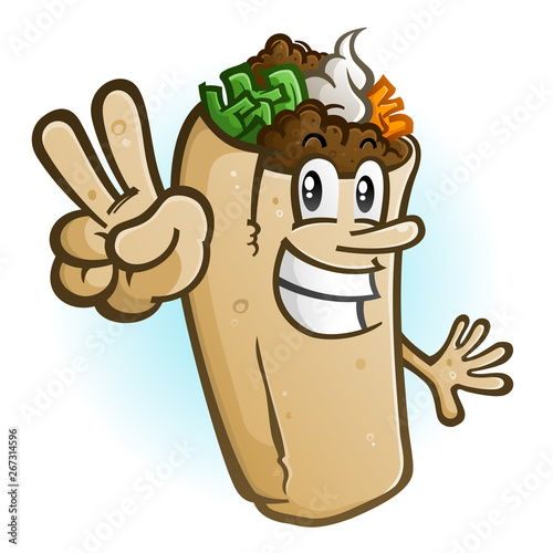 A cheerful burrito cartoon character vector illustration holding up a two finger hand gesture for peace photo