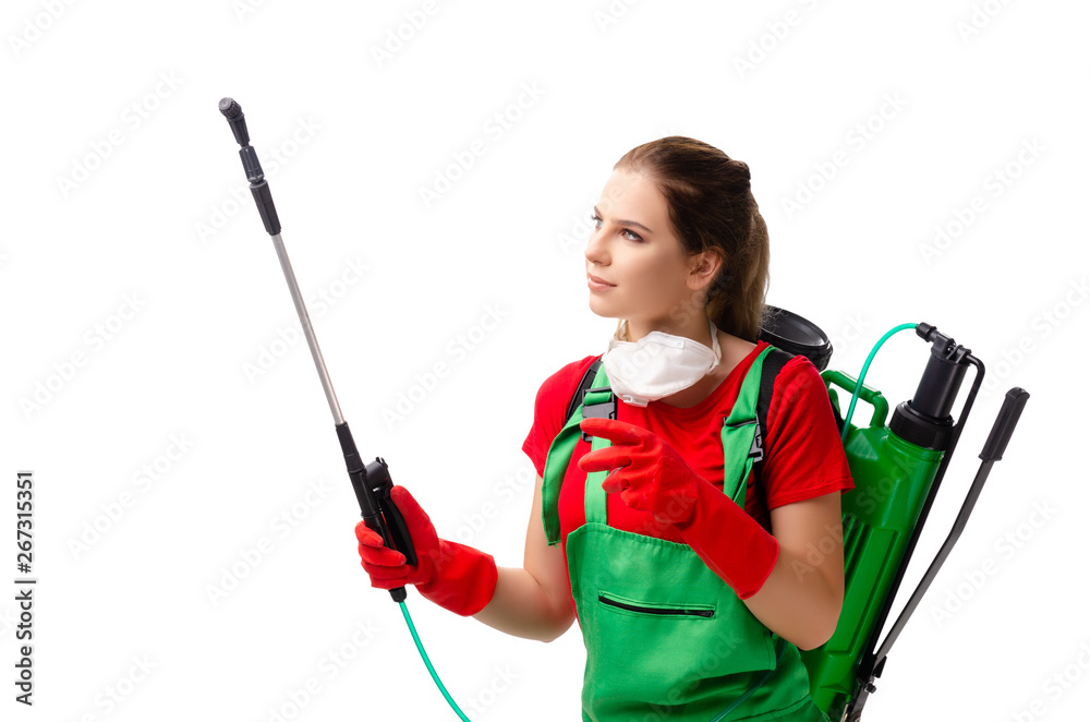 Female pest control contractor isolated on white Female pest control contractor isolated on white